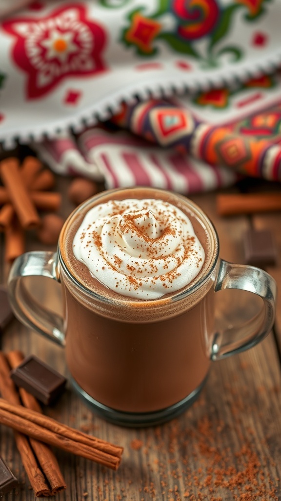 A cozy cup of Mexican hot chocolate with whipped cream and cinnamon on a rustic table.